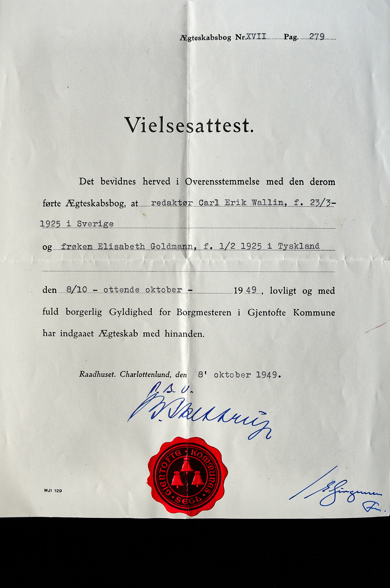 Vigselattest 8 oktober 1949